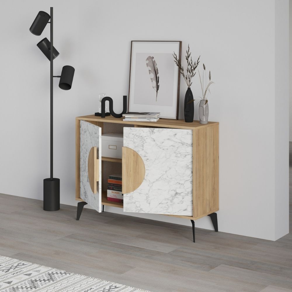 Madia 2 ante 110x35,6x82 colore bianco effetto marmo carrara e rovere Gora110