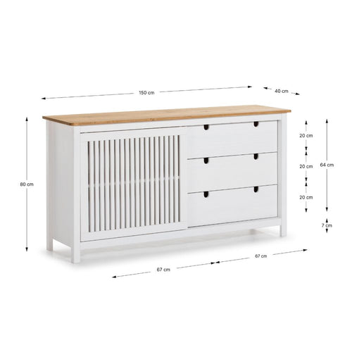 Credenza in legno massiccio con anta scorrevole e 3 cassetti colore bianco e pino 150x40x80H cm - Gaia