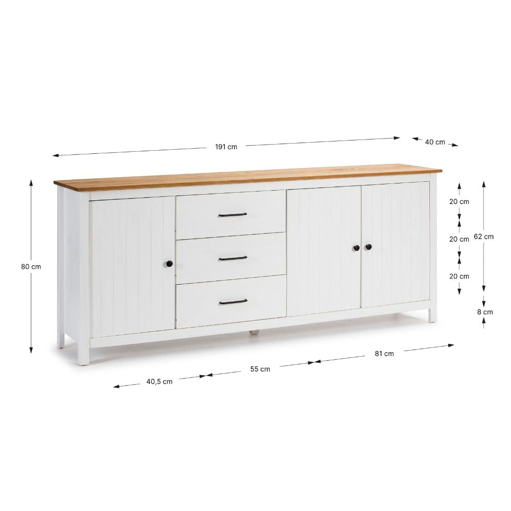 Buffet en bois massif avec 3 portes et 3 tiroirs coloris blanc et pin 191x40x80H cm - Vanda