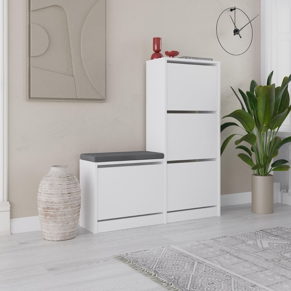 Scarpiera con panca a 4 ante a ribalta colore bianco 105x26x118.5H Dude