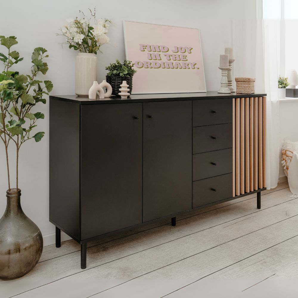 Madia con 3 ante e 4 cassetti colore nero con listelli rovere 160x90H cm - Bresso
