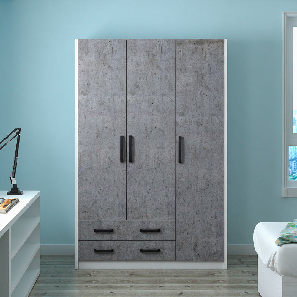 Kleiderschrank mit drei Türen und zwei Schubladen in Zementoptik 135x210H cm