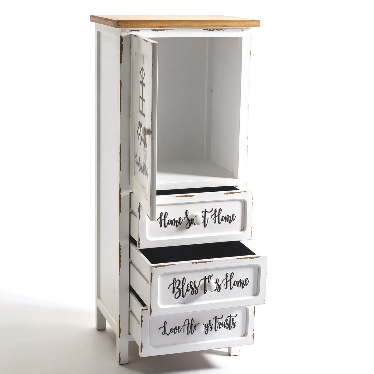 Mobile multiuso shabby chic 1 anta 3 cassetti bianco e top rovere H 120 cm Breslavia