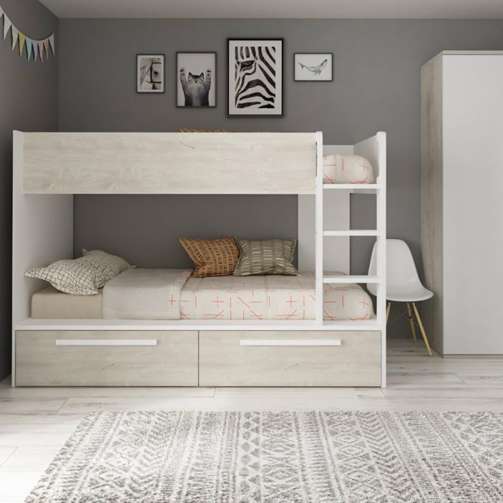 Letto a castello bianco consumato e bianco con cassettoni estraibili