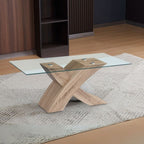 Tavolino da salotto piano in vetro e base rovere a incrocio 110x60x45H Shiva