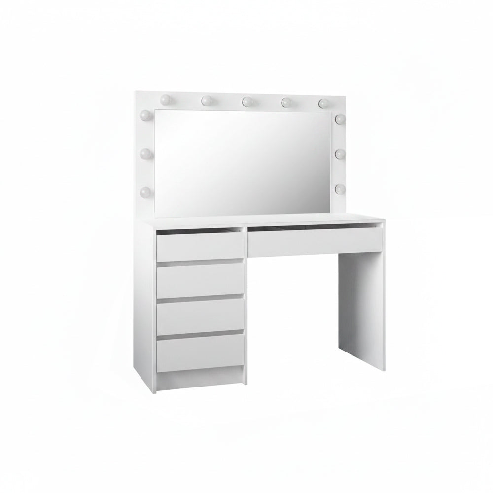 Toeletta trucco Elite bianca con specchio 5 cassetti e lampadine LED 120x55x142,6H