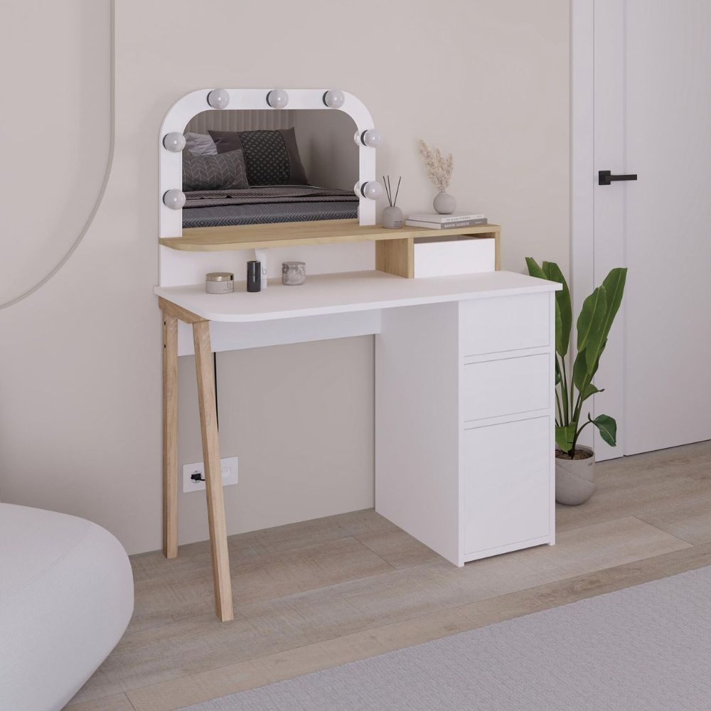 Toeletta da trucco bianco e rovere con specchio e luci LED 105x51.5x131H Avien