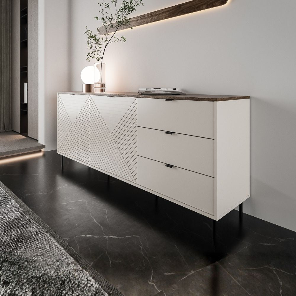 Credenza con 2 ante design geometrico e 3 cassetti colore cashmere e top rovere Mirage09