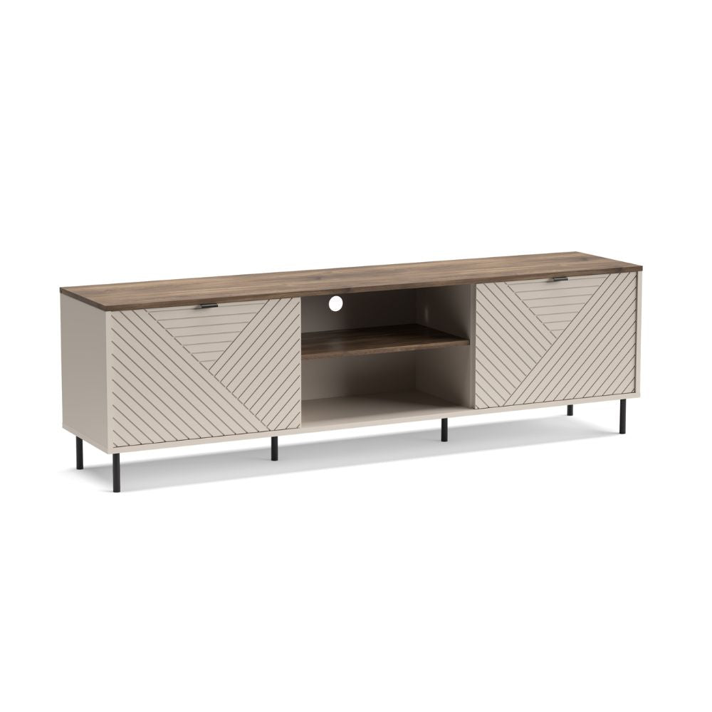 Mobile porta Tv 2 ante design geometrico e vani a giorno cashmere e top rovere Mirage03