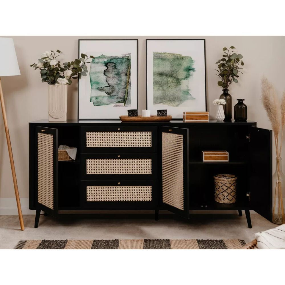Madia 175 cm con 3 cassetti e 3 ante effetto rafia colore nera - KUTA51A