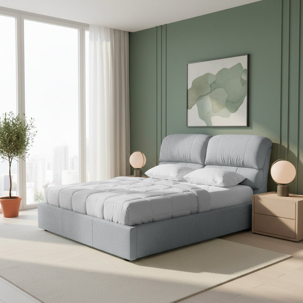 Doppelbett mit Bettkasten, Stoffbezug hellgrau - Sofaback