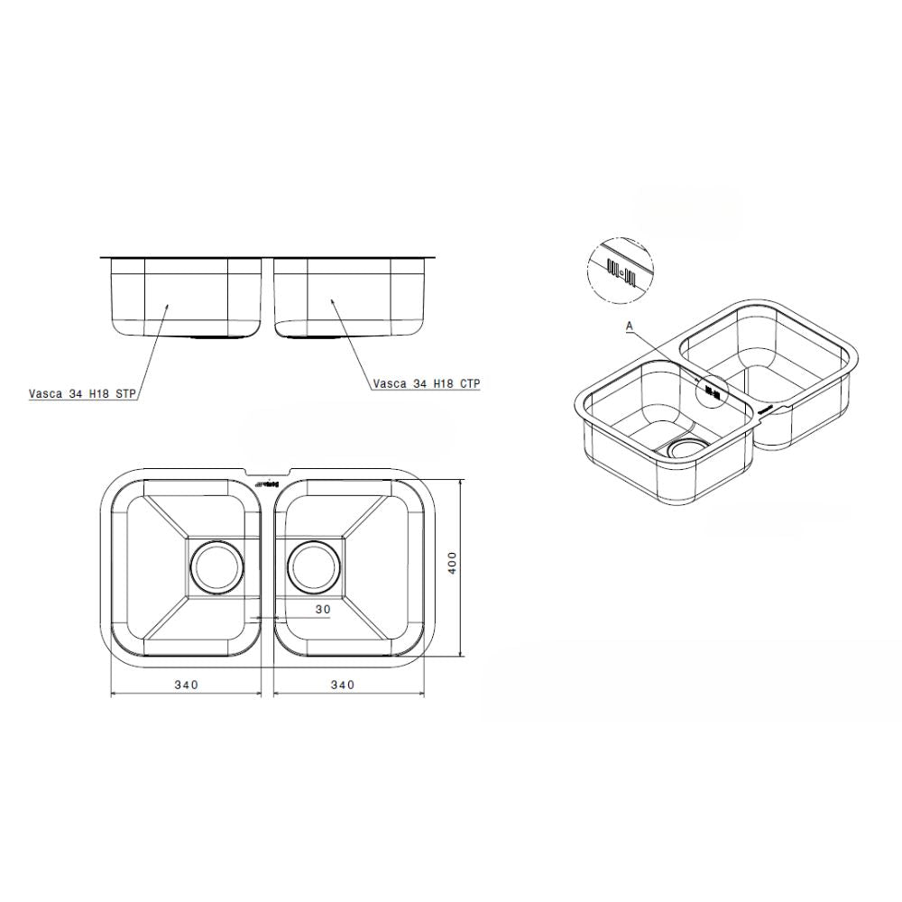 Évier à encastrer par le dessous 2 bacs 76x45 cm - Smeg UM3434
