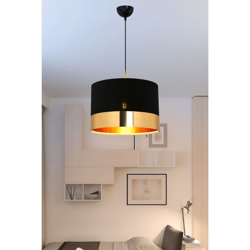 Lampada a sospensione 70h tessuto nero fascia oro Alfina