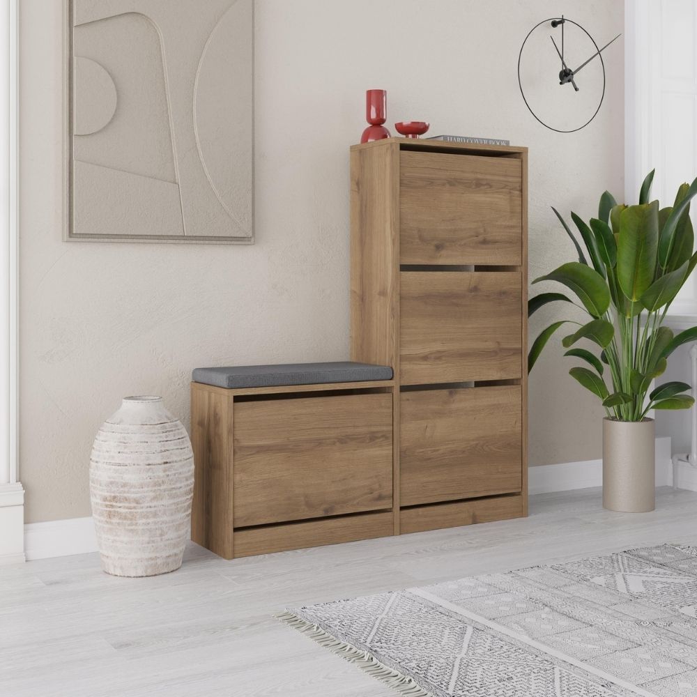Banc à chaussures avec 4 portes abattantes, couleur noyer, 105x26x118,5H Dude