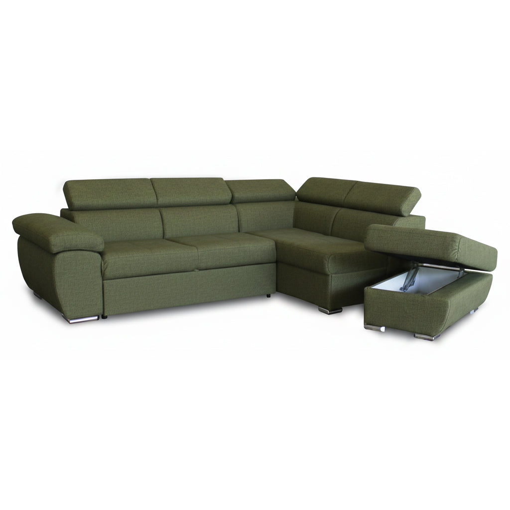 Divano letto angolare con penisola destra e pouf contenitore verde oliva Fiona