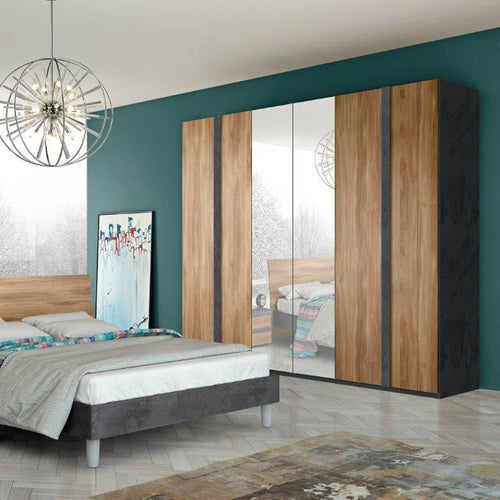 Armadio 6 ante con 2 ante centrali a speccho colore noce dark 258x236H cm - Borghese