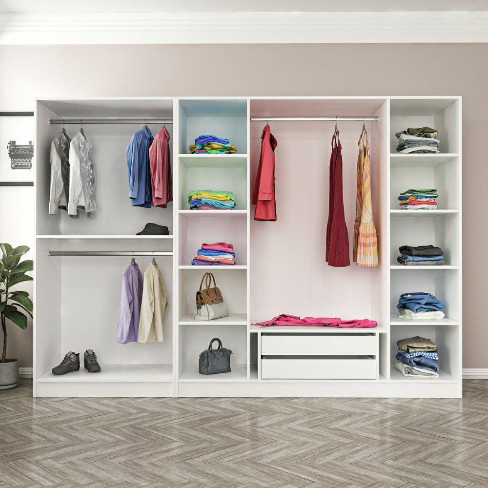 Kleiderschrank mit 6 Drehtüren in Weiß, geriffelte Optik, 270x52x210H cm – Wilmy