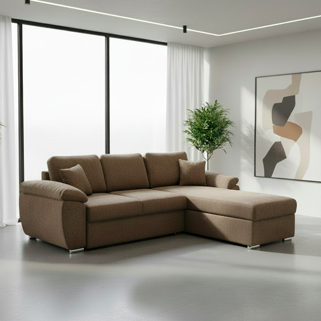 Divano letto con penisola reversibile e contenitore colore cappuccino 260x182x89H Alberta