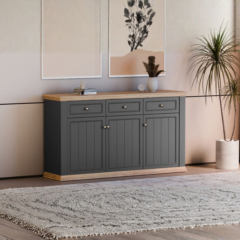 PNTK232-Q243 SIDEBOARD ESSENZA MIT 3 SCHUBLADEN UND 3 TÜREN FARBE DUNKELGRAU UND EICHE