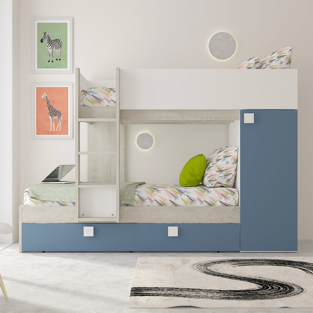 Letto a castello con letto estraibile colore bianco consumato e azzurro