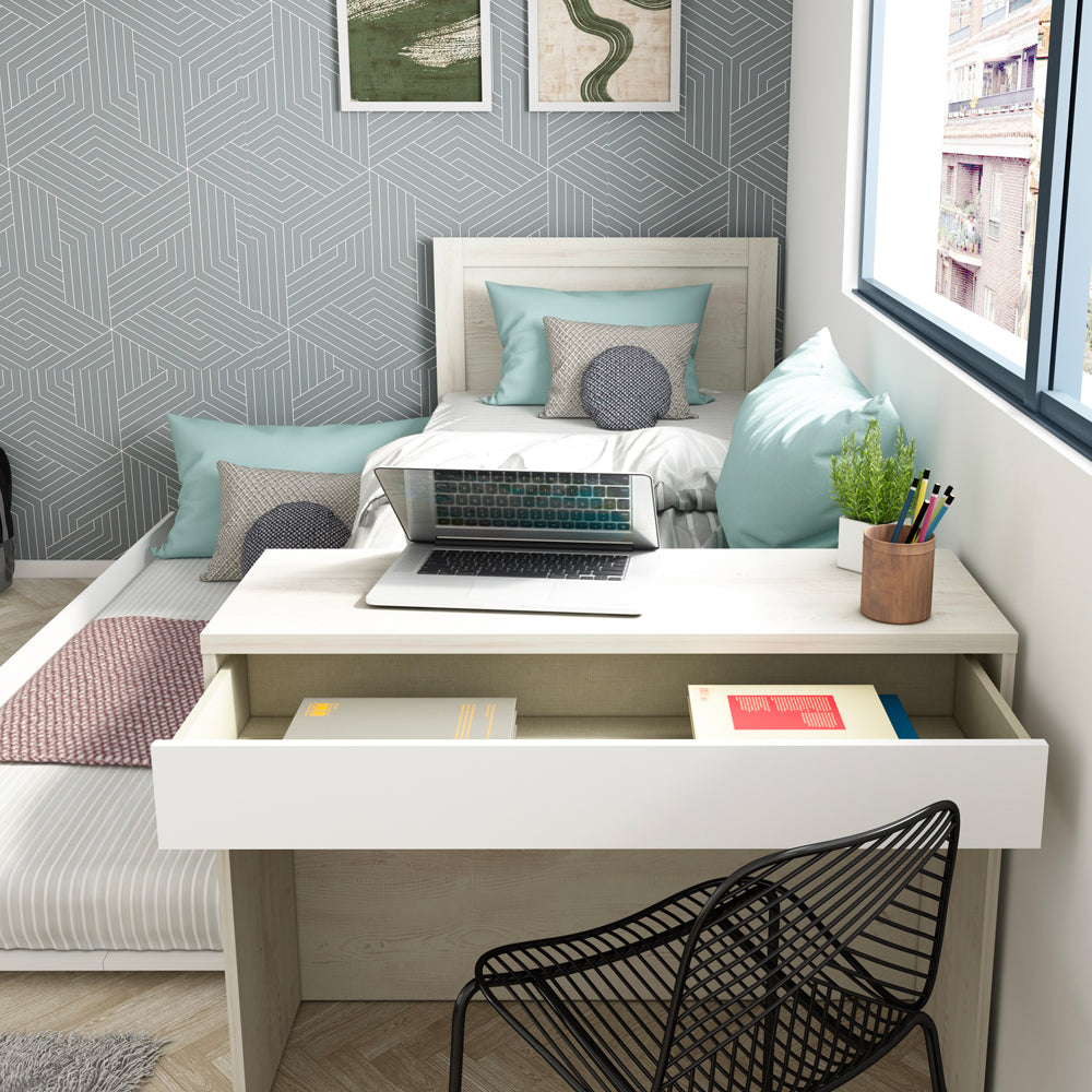 Letto singolo con scrivania integrata e letto estraibile colore bianco vintage e bianco