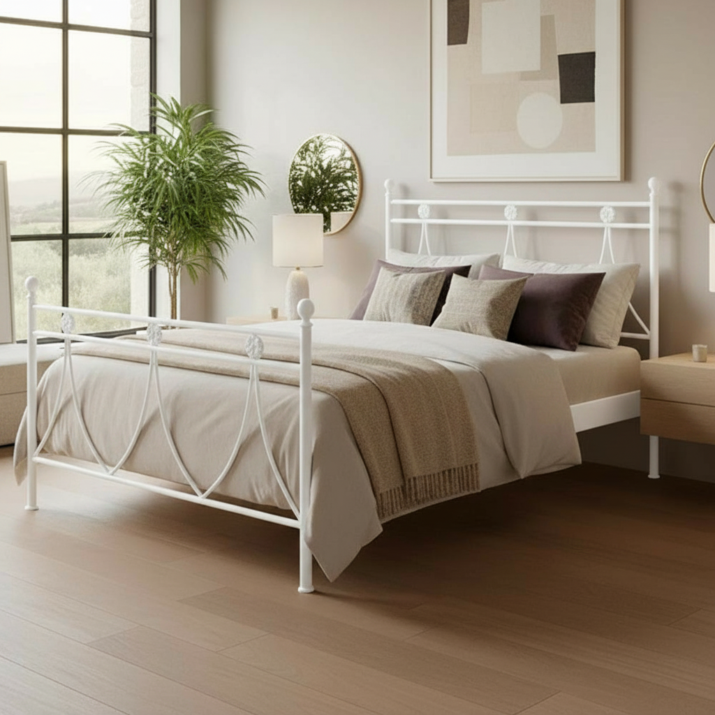 Letto una piazza e mezza in ferro con decoro floreale bianco opaco 130x200 cm. Melissa