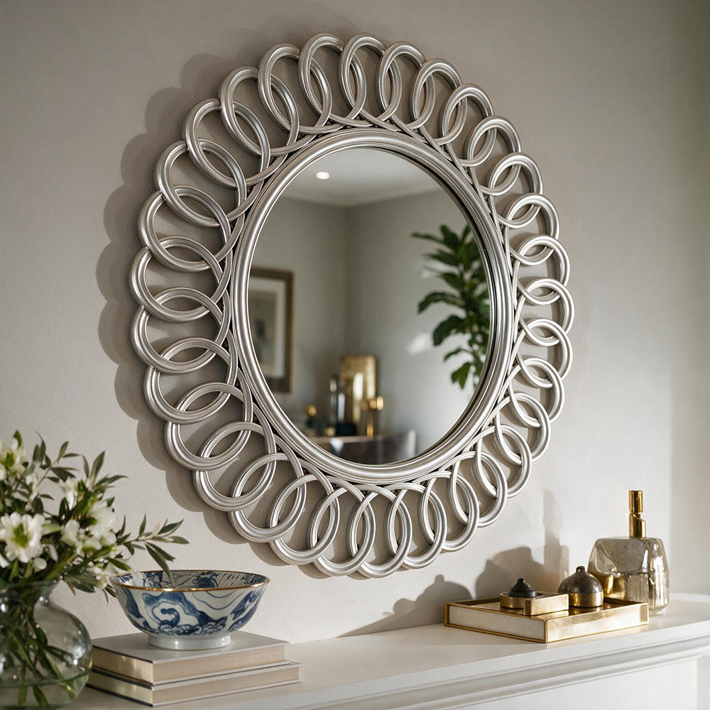Specchio decorativo rotondo da parete 60x60 cm con cornice ad anelli concatenati silver MR741