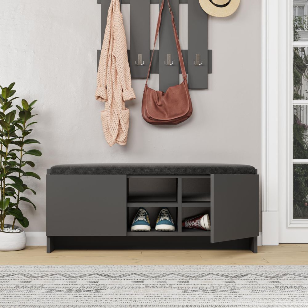 Banc à chaussures avec coussin et 2 portes couleur anthracite Zulla