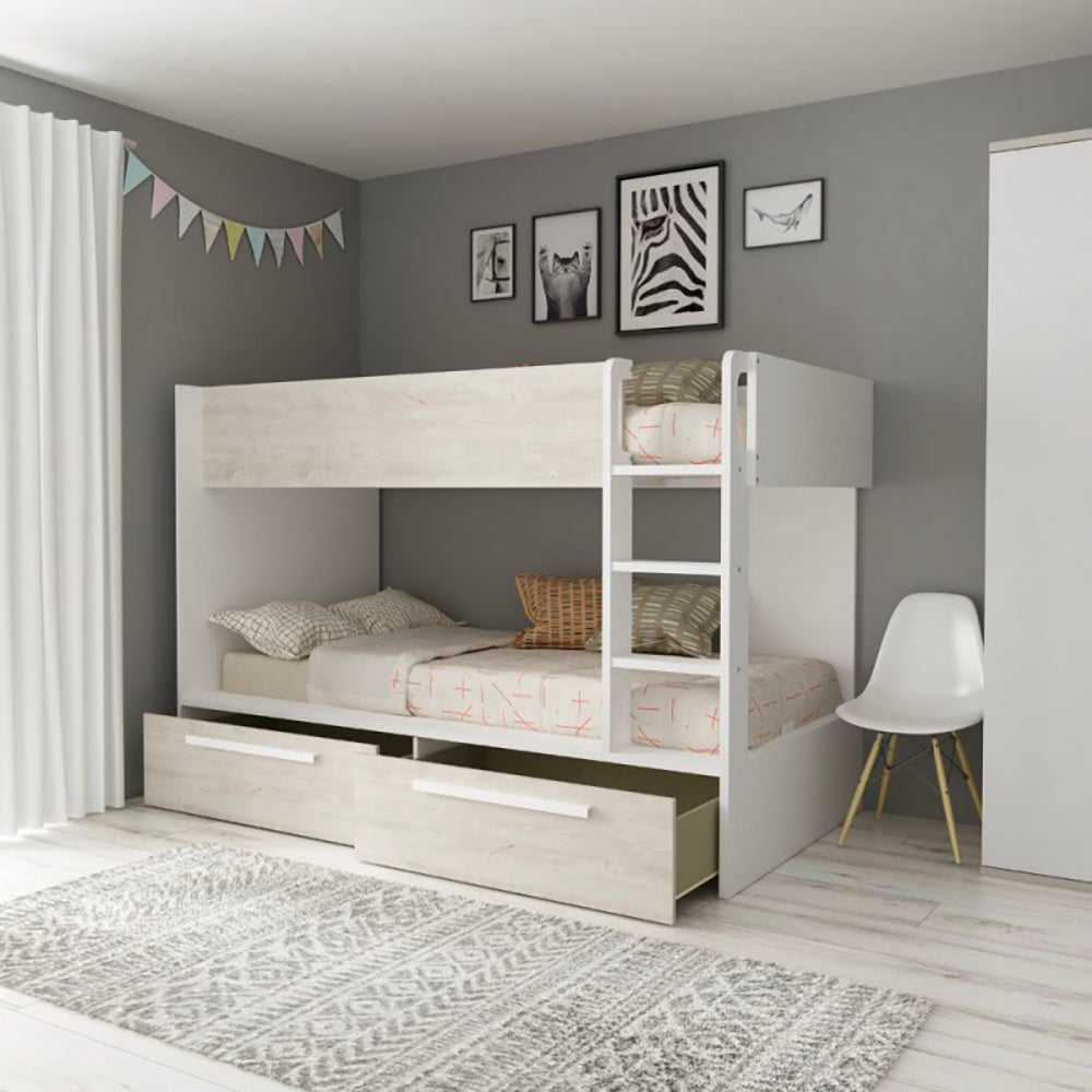 Letto a castello bianco consumato e bianco con cassettoni estraibili