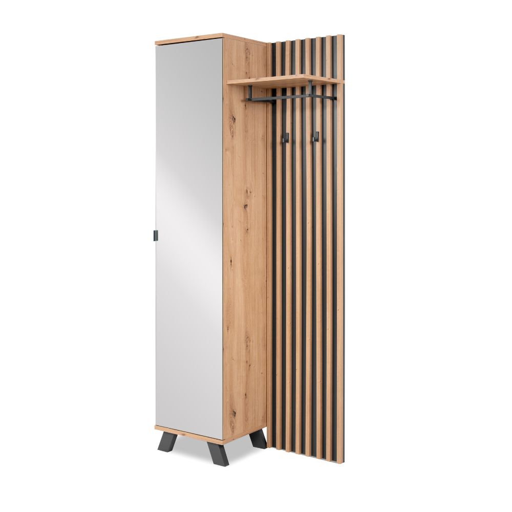 Mobile ingresso con frontale cannettato e anta a tutto specchio colore quercia e antracite 80x190H cm - Medan4