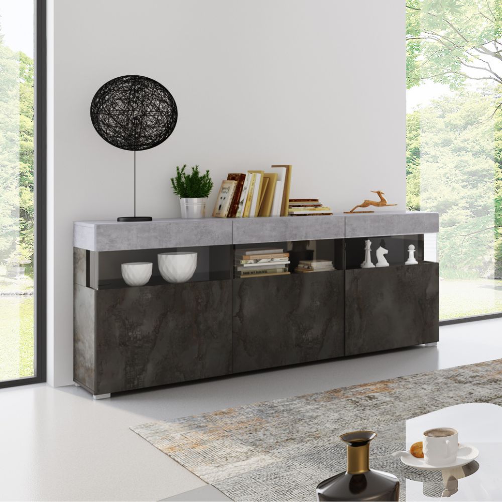 BUFFET ITACA (ULYSSE) 3 PORTES 3 NICHES OUVERTES AVEC INSERTS EN VERRE COL. OXYDE/CIMENT