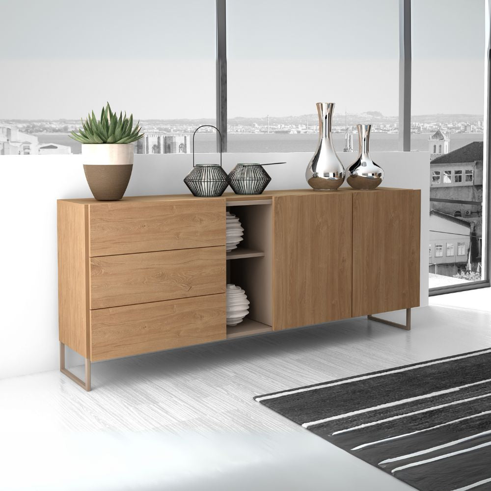 Buffet 1055 couleur chêne miel avec 3 tiroirs, 2 portes et une niche ouverte taupe 175x38x73.6H