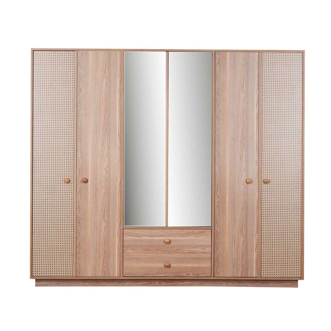 Chambre Nature coloris chêne miel effet cannage et armoire miroir