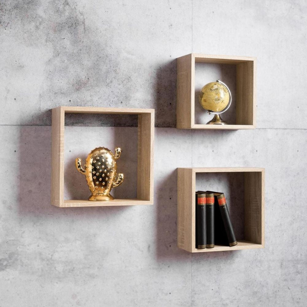 Set 3 mensole da parete cubo colore sonoma Shelvy Cub