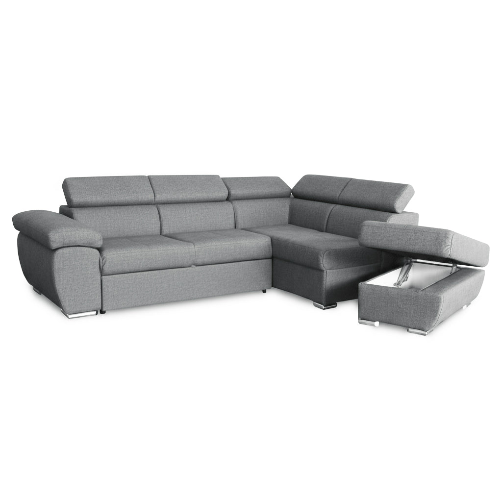 Divano letto angolare con penisola destra e pouf contenitore grigio Fiona