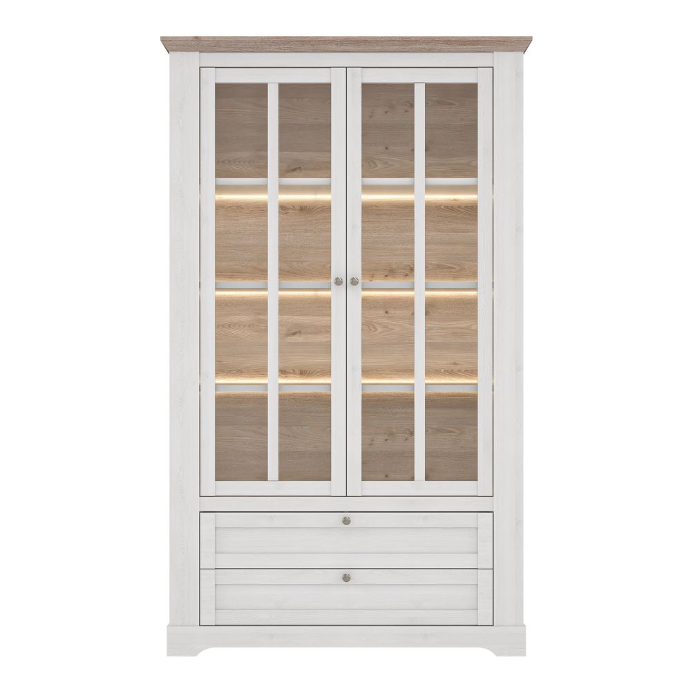 Vetrina 2 ante in vetro, 2 cassetti e luci LED rovere bianco neve e olmo scuro Forma