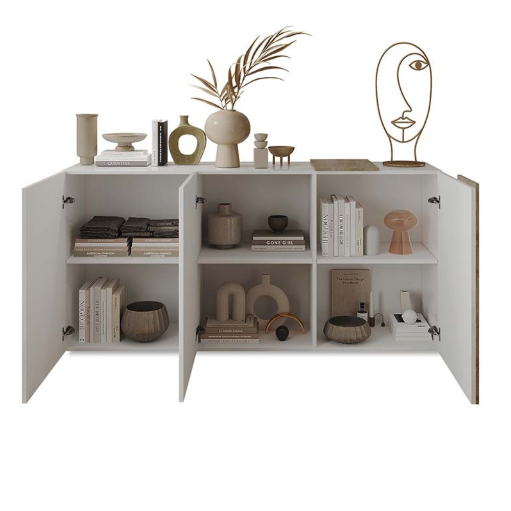 Madia con 3 ante e ripiani interni colore bianco lucido e rovere 181x86H cm - Sabry