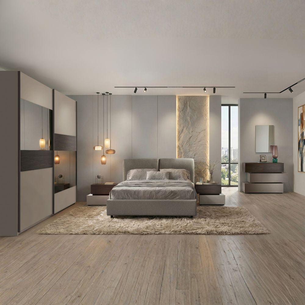 Camera da letto con armadio 2 ante scorrevoli specchi e letto contenitore colore tortora e noce - Kendra