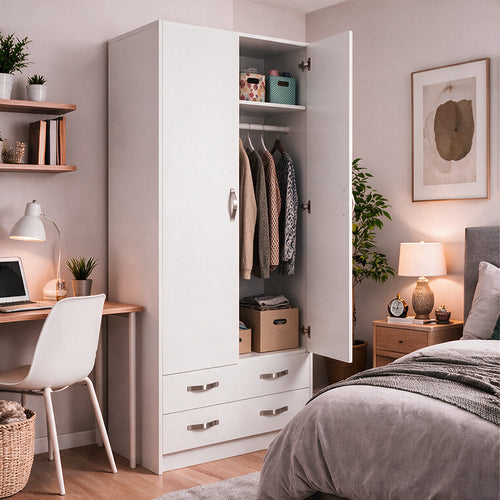Kleiderschrank mit zwei Türen und zwei Schubladen, Esche weiß, 91x210H cm - ARM290C