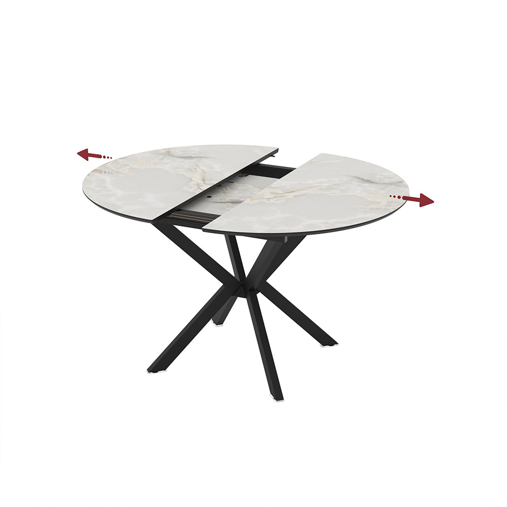 Tavolo rotondo allungabile effetto marmo bianco mola con gambe nere in metallo 110x110x76H Diano