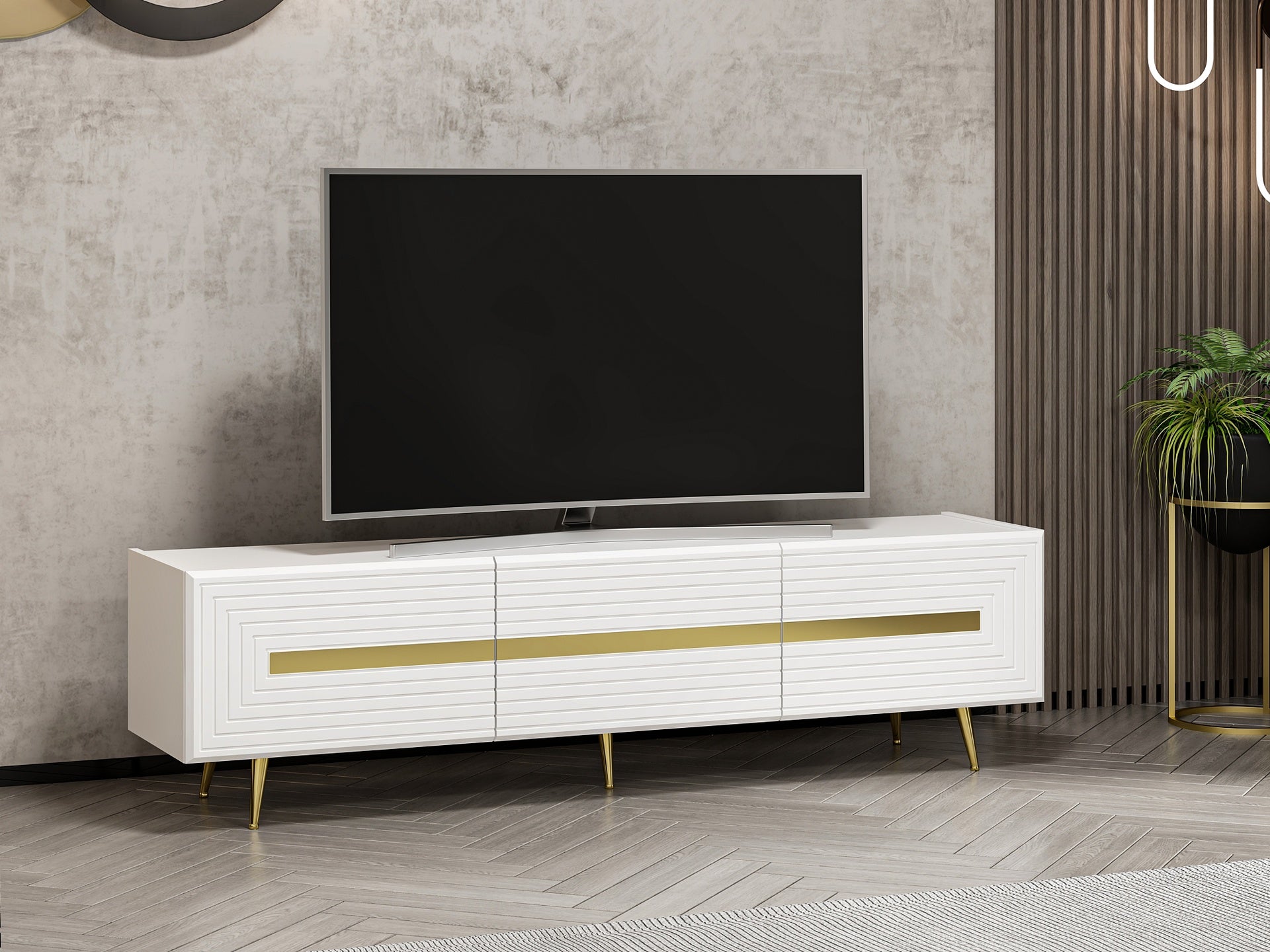 Meuble TV avec portes blanc et détails dorés 180 cm - Jose