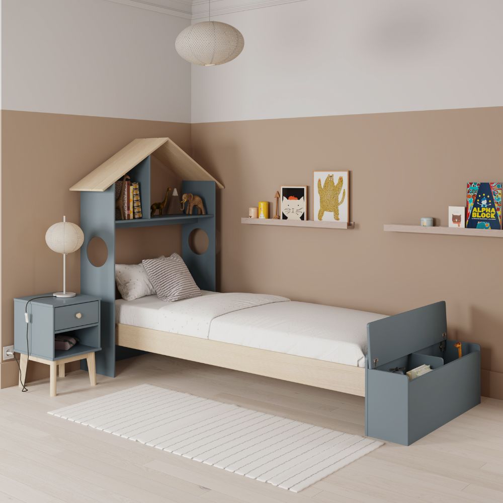 Letto singolo in legno con testiera a casetta e pediera contenitore colore verde cachi e pino - Odessa