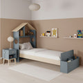 Letto singolo in legno con testiera a casetta e pediera contenitore colore verde cachi e pino - Odessa