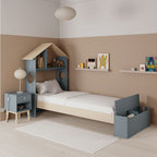 Letto singolo in legno con testiera a casetta e pediera contenitore colore verde cachi e pino - Odessa