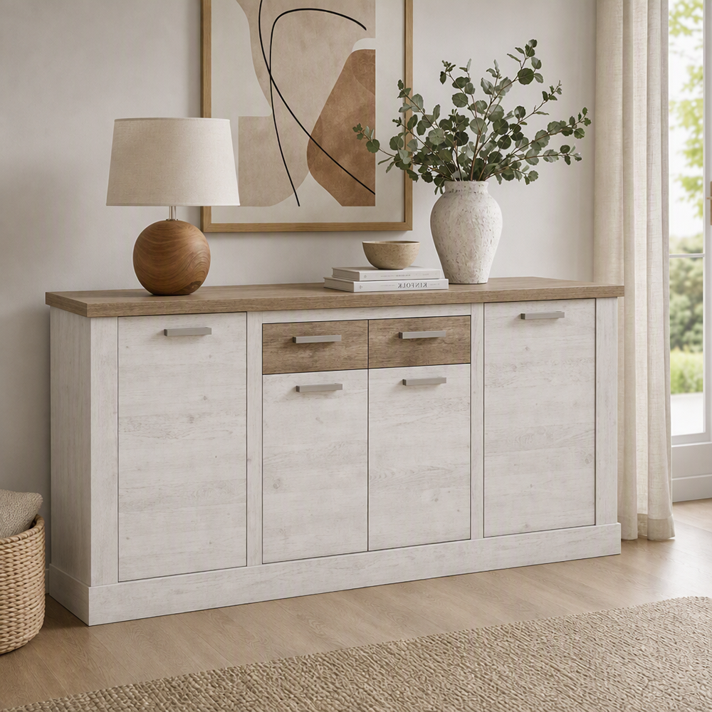 Madia 4 ante e 2 cassetti 213 cm pino bianco con top rovere antico Flux
