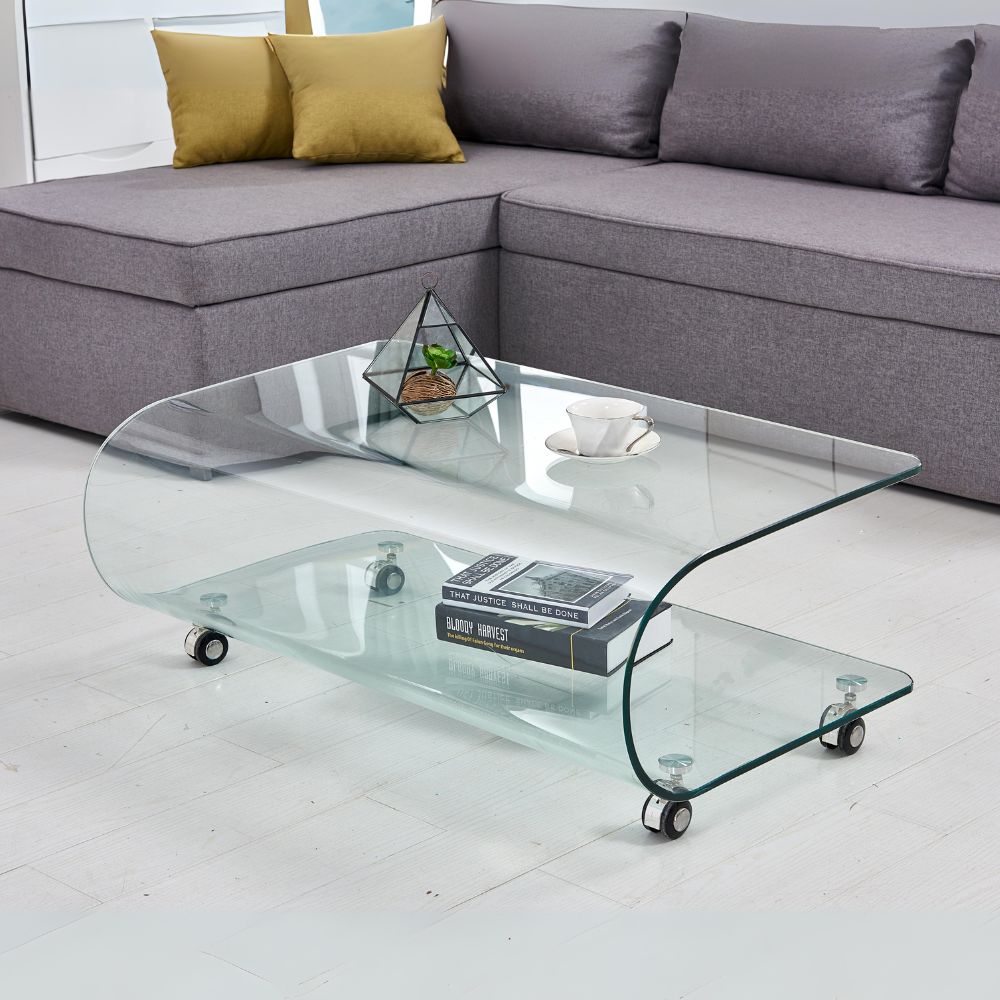 Tavolino basso in vetro temperato curvato con ruote 100x60x39H Magnolia