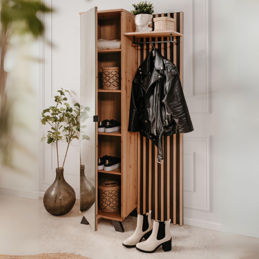 Mobile ingresso con frontale cannettato e anta a tutto specchio colore quercia e antracite 80x190H cm - Medan4