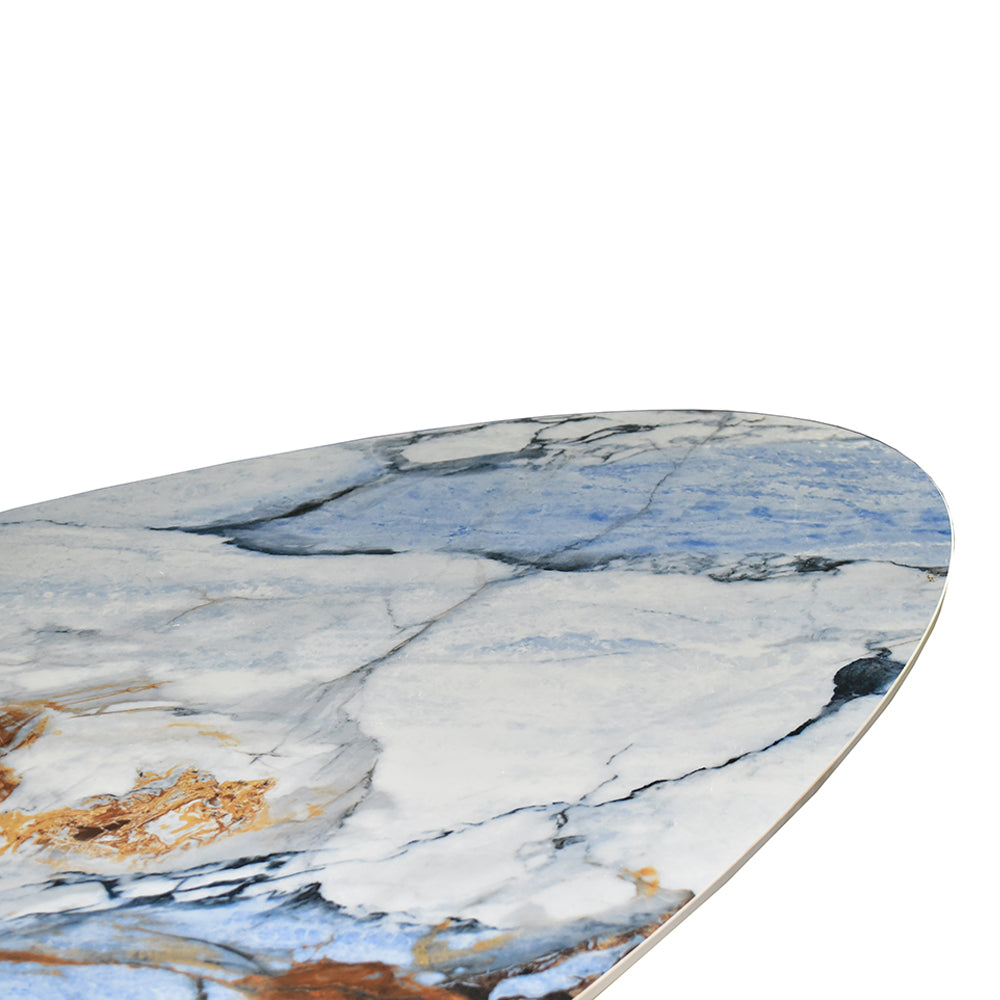 Tavolo ovale con piano effetto marmo e venature blu 200x80x76H Punto