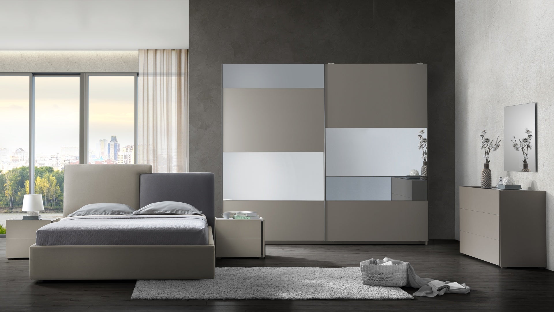 Schlafzimmer komplett in Hanffarbe mit Schwebetürenschrank - Liana