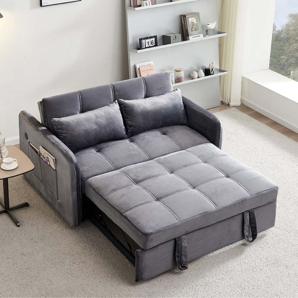 Divano letto in velluto grigio con porta USB e tasca laterale 140,5x94,5x82H Clorene